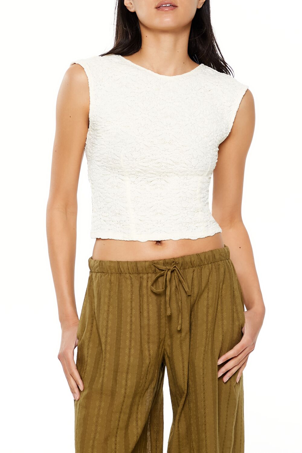  Forever 21 Floral Tie-Back Crop Top - cream - Bonton