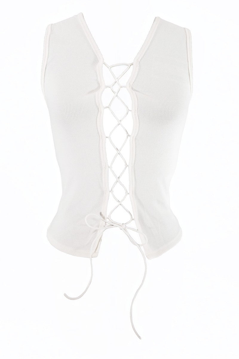  Forever 21 Sleeveless Lace-Up V-Neck Top - white - Bonton