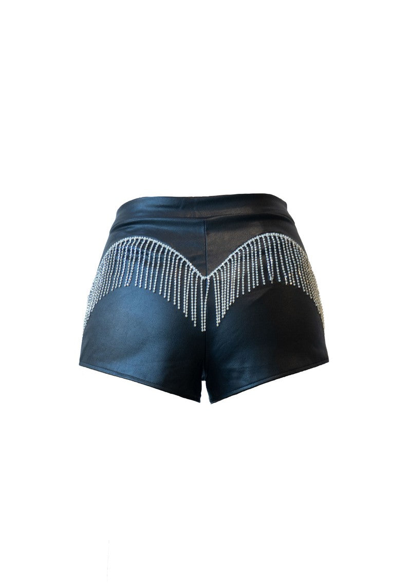  Forever 21 Rhinestone-Fringe Faux Leather Shorts - black - Bonton