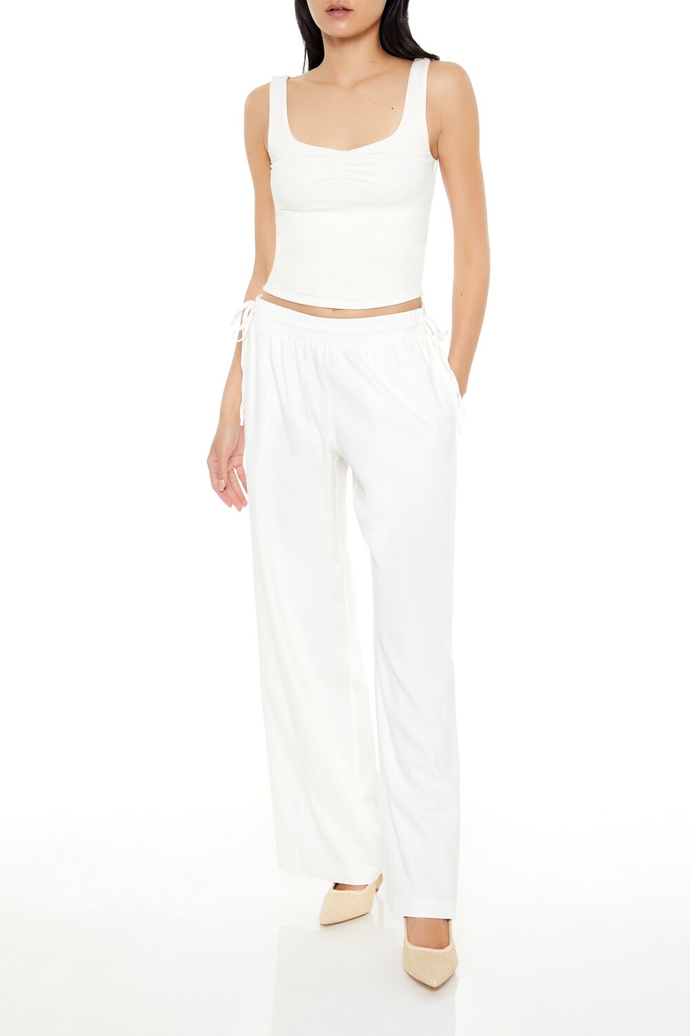  Forever 21 Shirred Tie-Waist Wide-Leg Pants - egret - Bonton