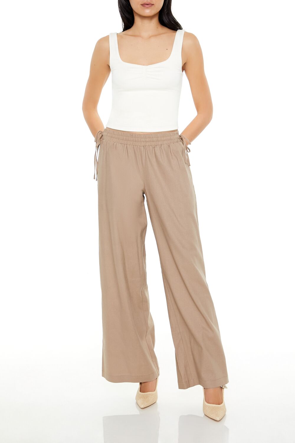  Forever 21 Shirred Tie-Waist Wide-Leg Pants - egret - Bonton