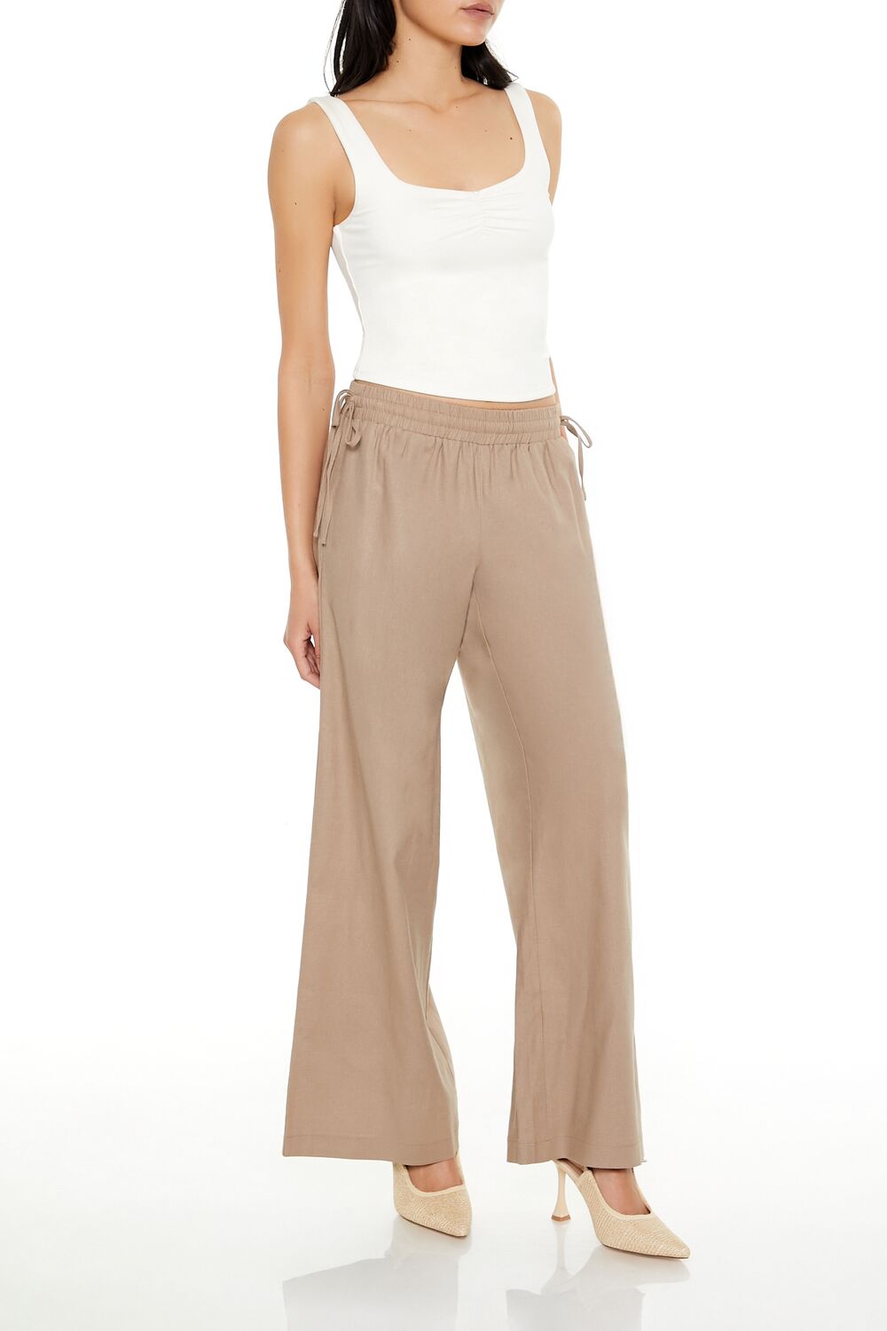  Forever 21 Shirred Tie-Waist Wide-Leg Pants - egret - Bonton