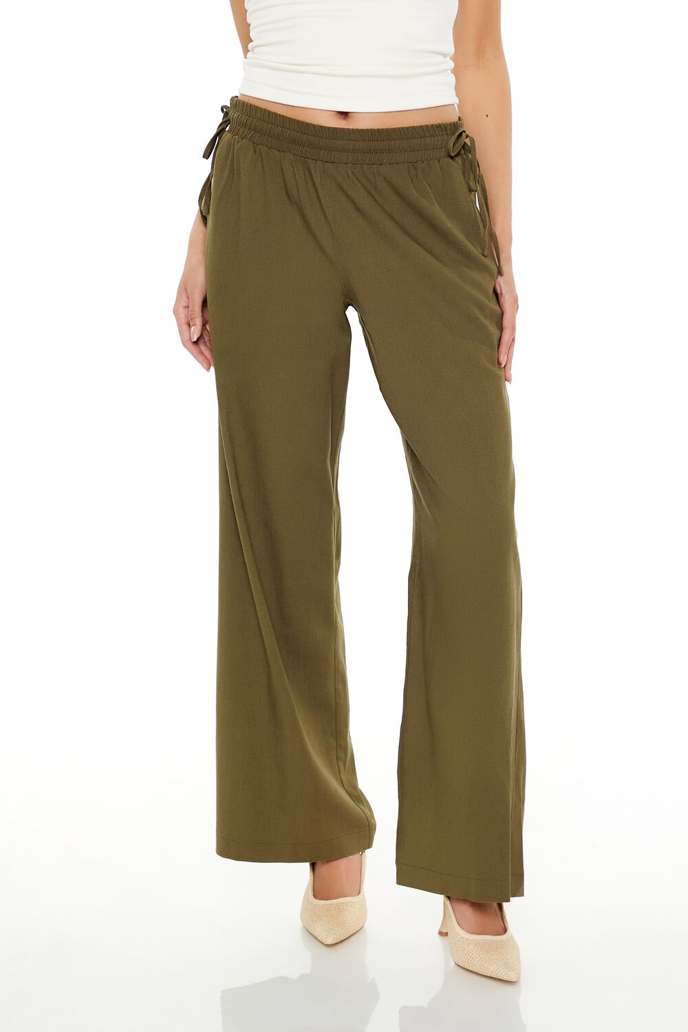  Forever 21 Shirred Tie-Waist Wide-Leg Pants - egret - Bonton
