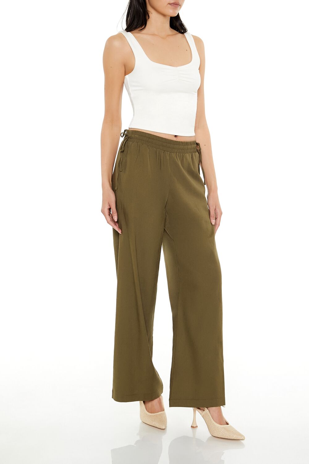  Forever 21 Shirred Tie-Waist Wide-Leg Pants - egret - Bonton