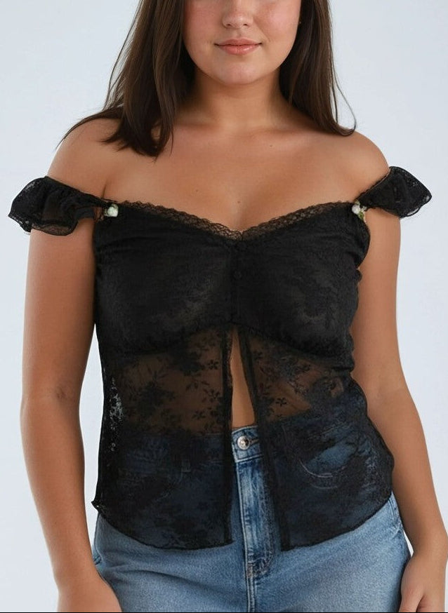  Forever 21 Plus Size Sheer Cap-Sleeve Lace-Trim Top - black - Bonton