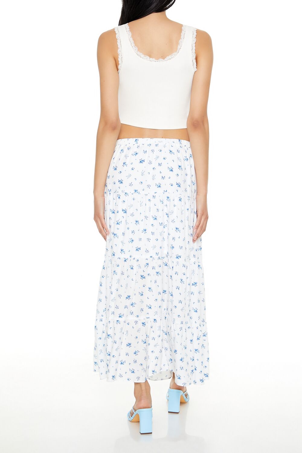  Forever 21 Tiered Floral Print Maxi Skirt - blue-multi - Bonton