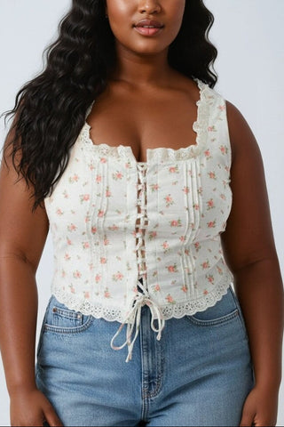Plus Size Floral Tie-Front Lace Trim Top