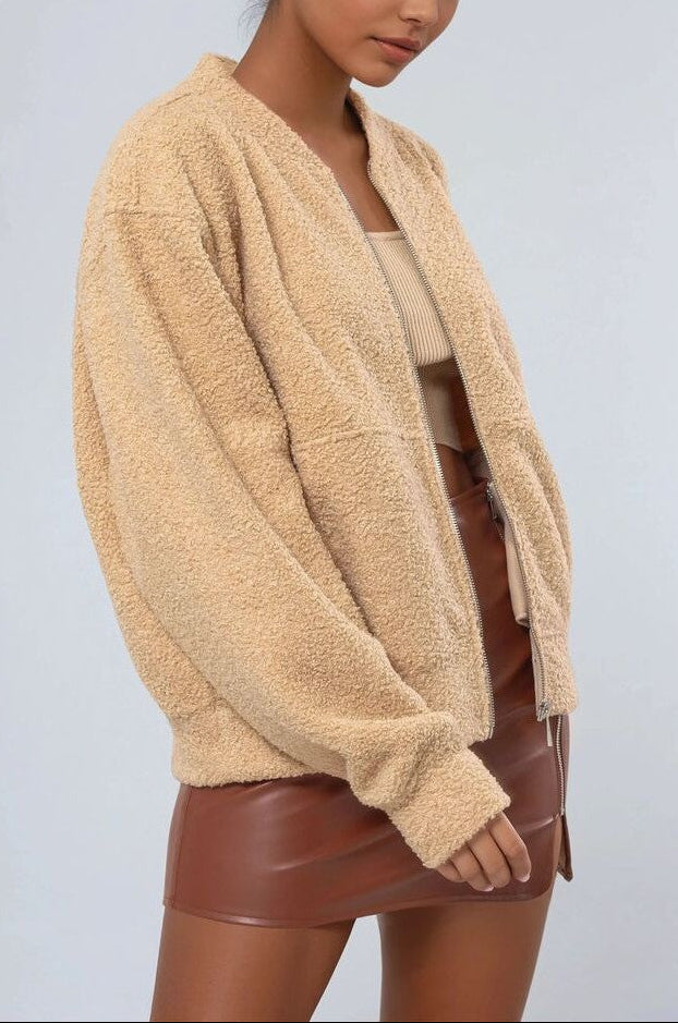  Forever 21 Boucle Zip-Front Bomber Jacket - beige - Bonton