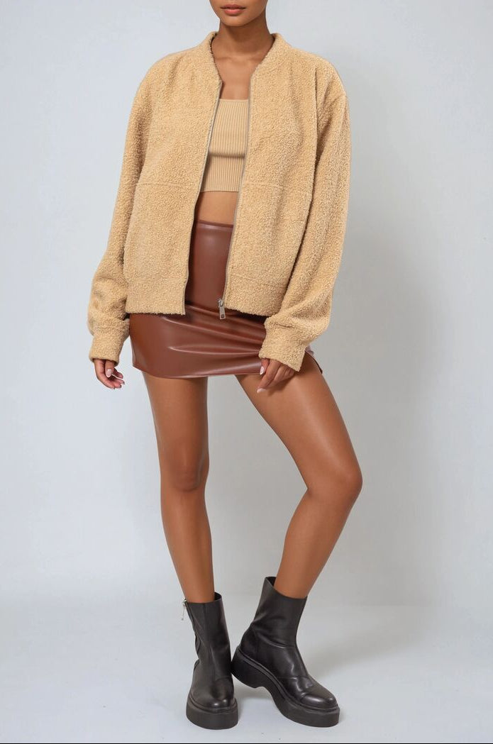  Forever 21 Boucle Zip-Front Bomber Jacket - beige - Bonton