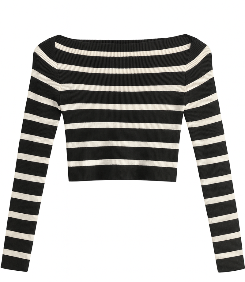  Forever 21 Striped Boatneck Cropped Sweater - black cream - Bonton