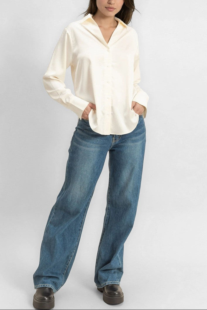  Forever 21 Satin Button-Front Shirt - cream - Bonton
