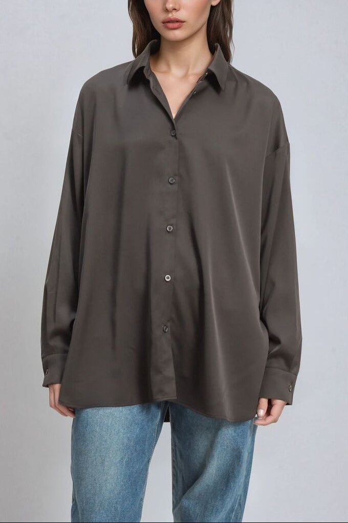  Forever 21 Oversized Satin Button-Up Shirt - black - Bonton