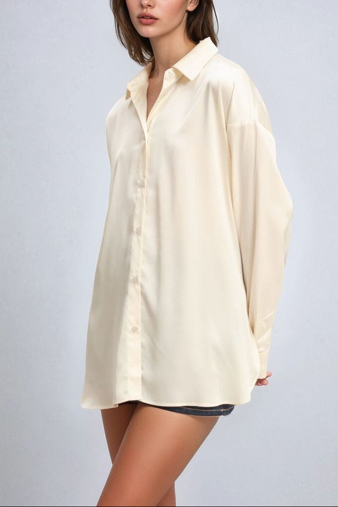  Forever 21 Oversized Satin Button-Up Shirt - black - Bonton