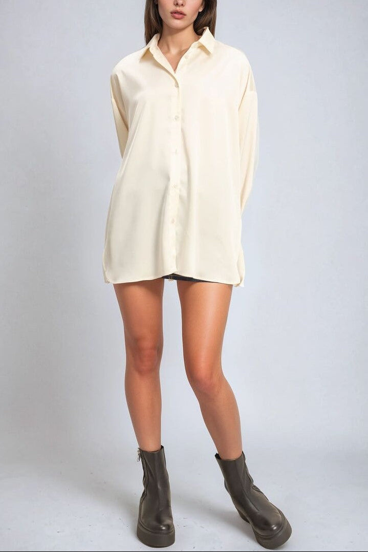  Forever 21 Oversized Satin Button-Up Shirt - black - Bonton