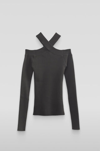 Ribbed Off-The-Shoulder Halter Sweater-Knit Top