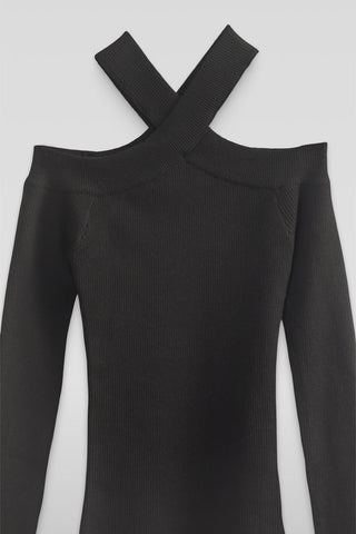 Ribbed Off-The-Shoulder Halter Sweater-Knit Top