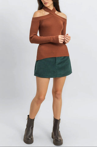 Ribbed Off-The-Shoulder Halter Sweater-Knit Top