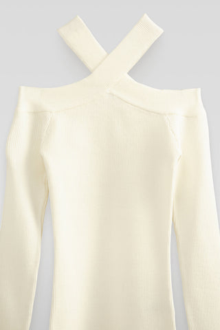 Ribbed Off-The-Shoulder Halter Sweater-Knit Top