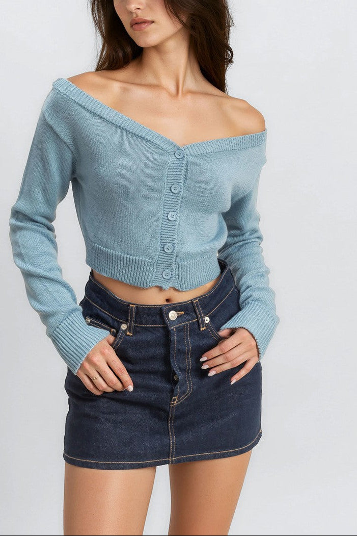  Forever 21 Off-The-Shoulder Cropped Button-Front Sweater - black - Bonton