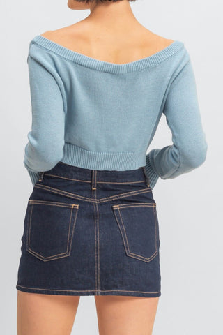 Off-The-Shoulder Cropped Button-Front Sweater