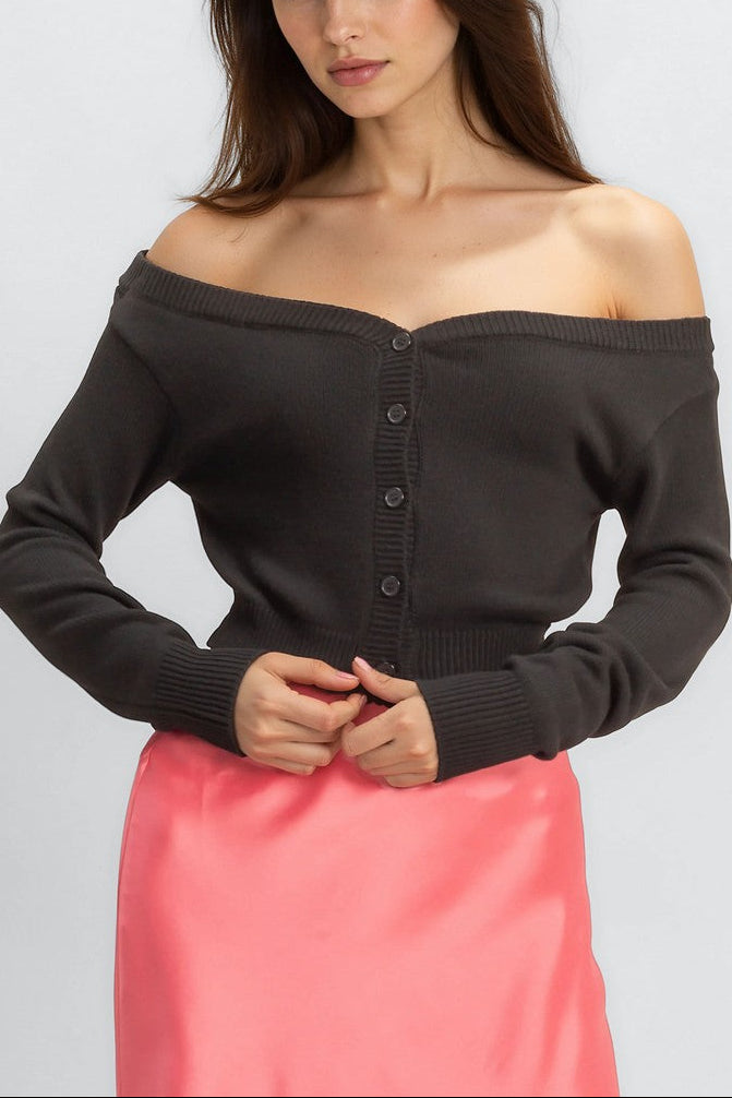  Forever 21 Off-The-Shoulder Cropped Button-Front Sweater - black - Bonton