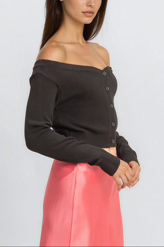 Off-The-Shoulder Cropped Button-Front Sweater