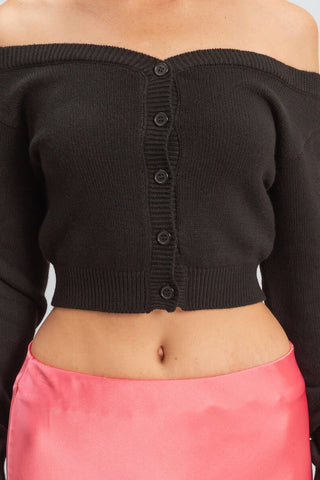 Off-The-Shoulder Cropped Button-Front Sweater