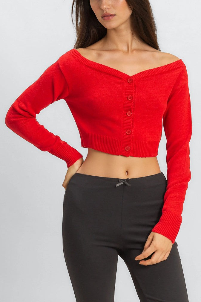  Forever 21 Off-The-Shoulder Cropped Button-Front Sweater - black - Bonton