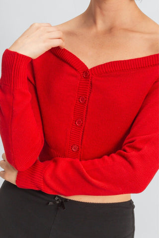 Off-The-Shoulder Cropped Button-Front Sweater