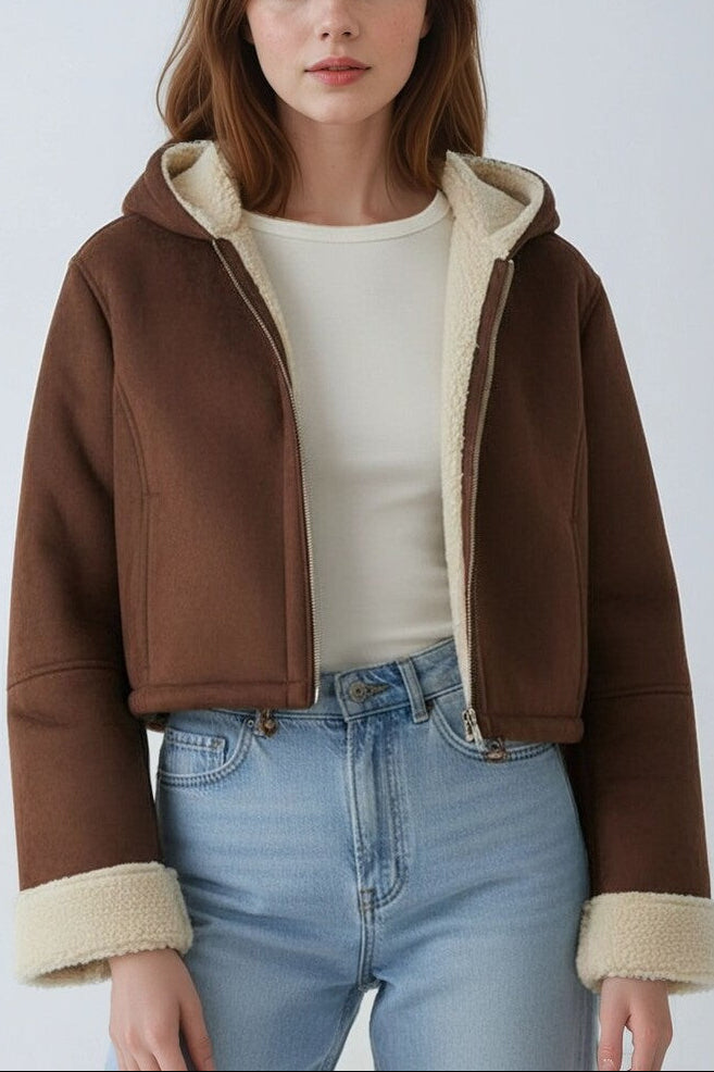  Forever 21 Faux Suede Cropped Hooded Jacket - chestnut - Bonton