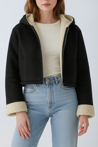 Faux Suede Cropped Hooded Jacket