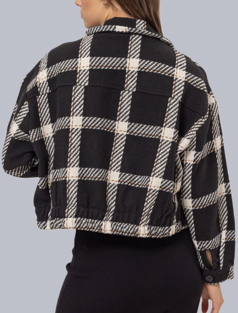  Forever 21 Plaid Double-Breasted Cropped Jacket - black-cream - Bonton