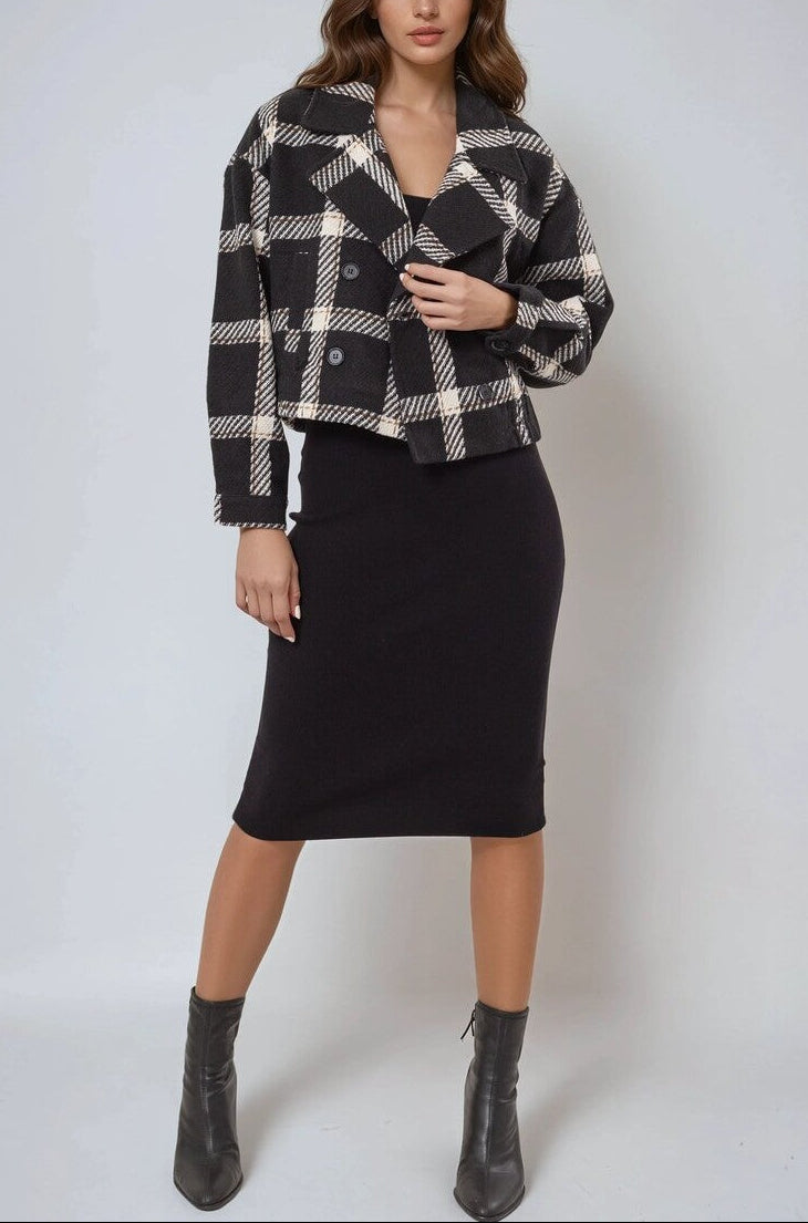  Forever 21 Plaid Double-Breasted Cropped Jacket - black-cream - Bonton