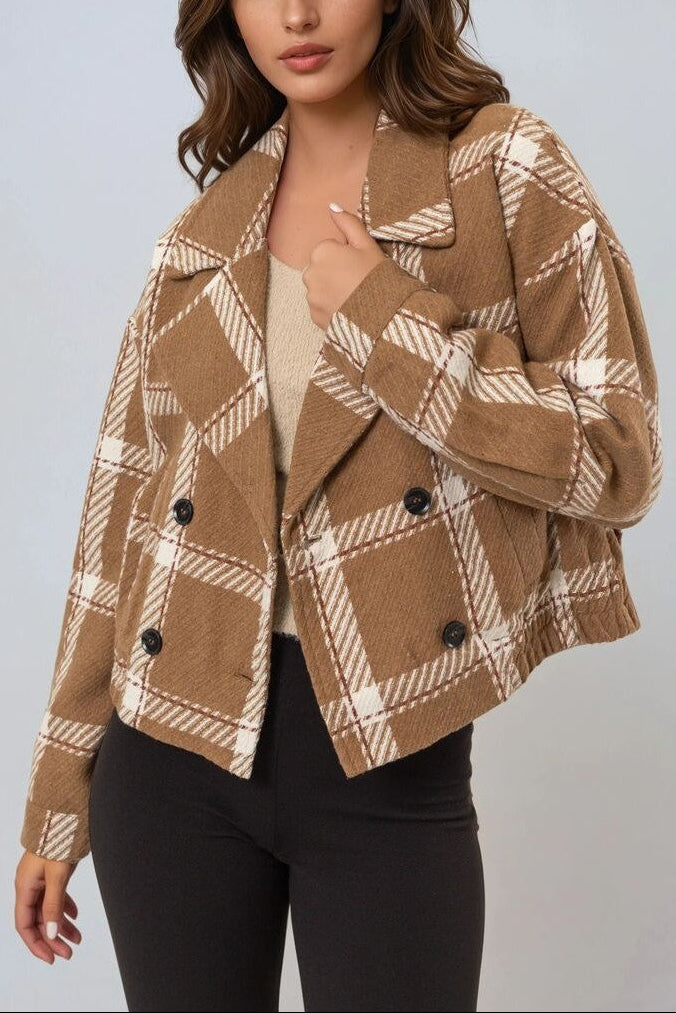  Forever 21 Plaid Double-Breasted Cropped Jacket - black-cream - Bonton