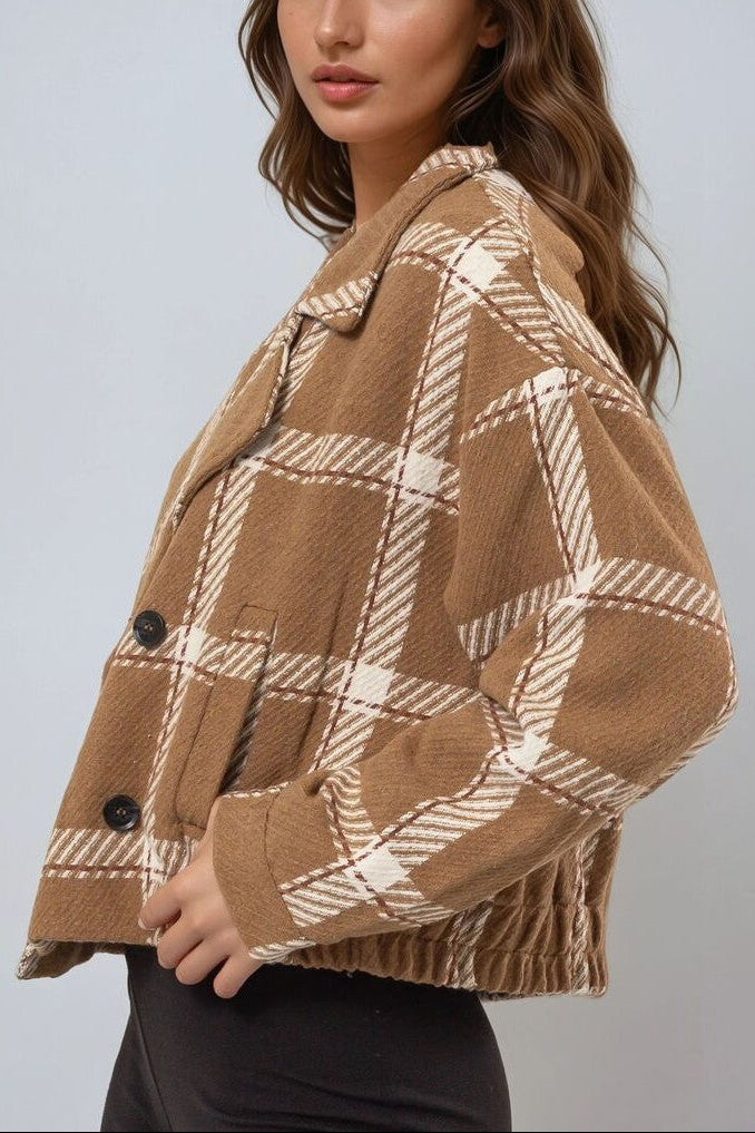  Forever 21 Plaid Double-Breasted Cropped Jacket - black-cream - Bonton