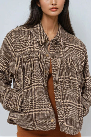 Glen Plaid Fringe-Trim Jacket