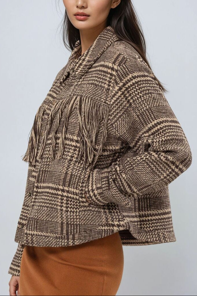  Forever 21 Glen Plaid Fringe-Trim Jacket - brown - Bonton
