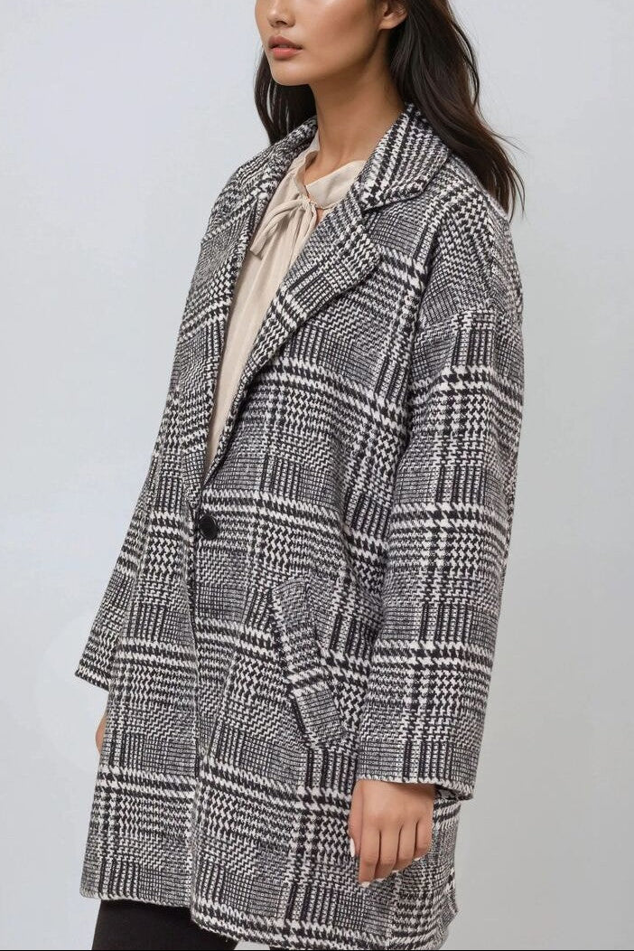  Forever 21 Glen Plaid Oversized Coat - black-white - Bonton