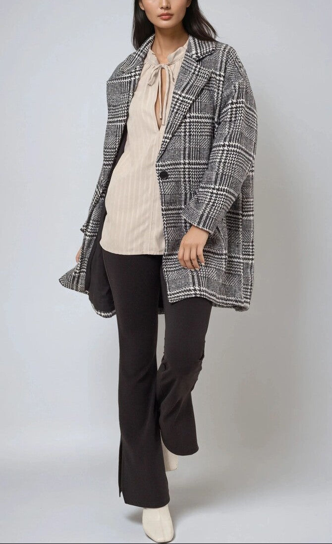  Forever 21 Glen Plaid Oversized Coat - black-white - Bonton