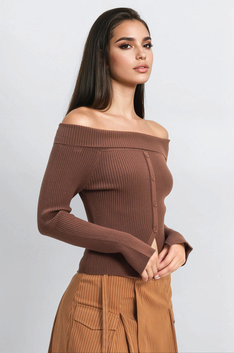  Forever 21 Ribbed Off-The-Shoulder Sweater-Knit Top - brown - Bonton