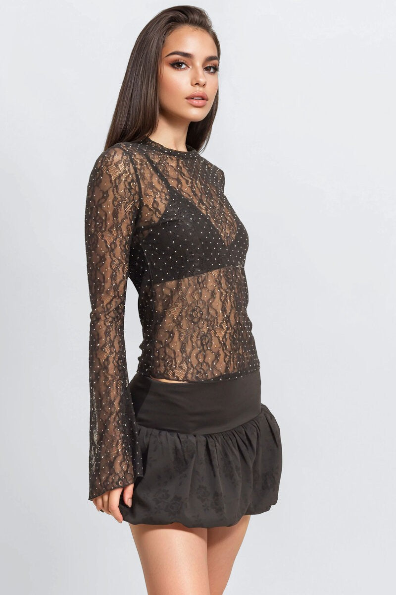  Forever 21 Studded Sheer Lace Long-Sleeve Top - black - Bonton