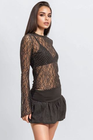 Studded Sheer Lace Long-Sleeve Top