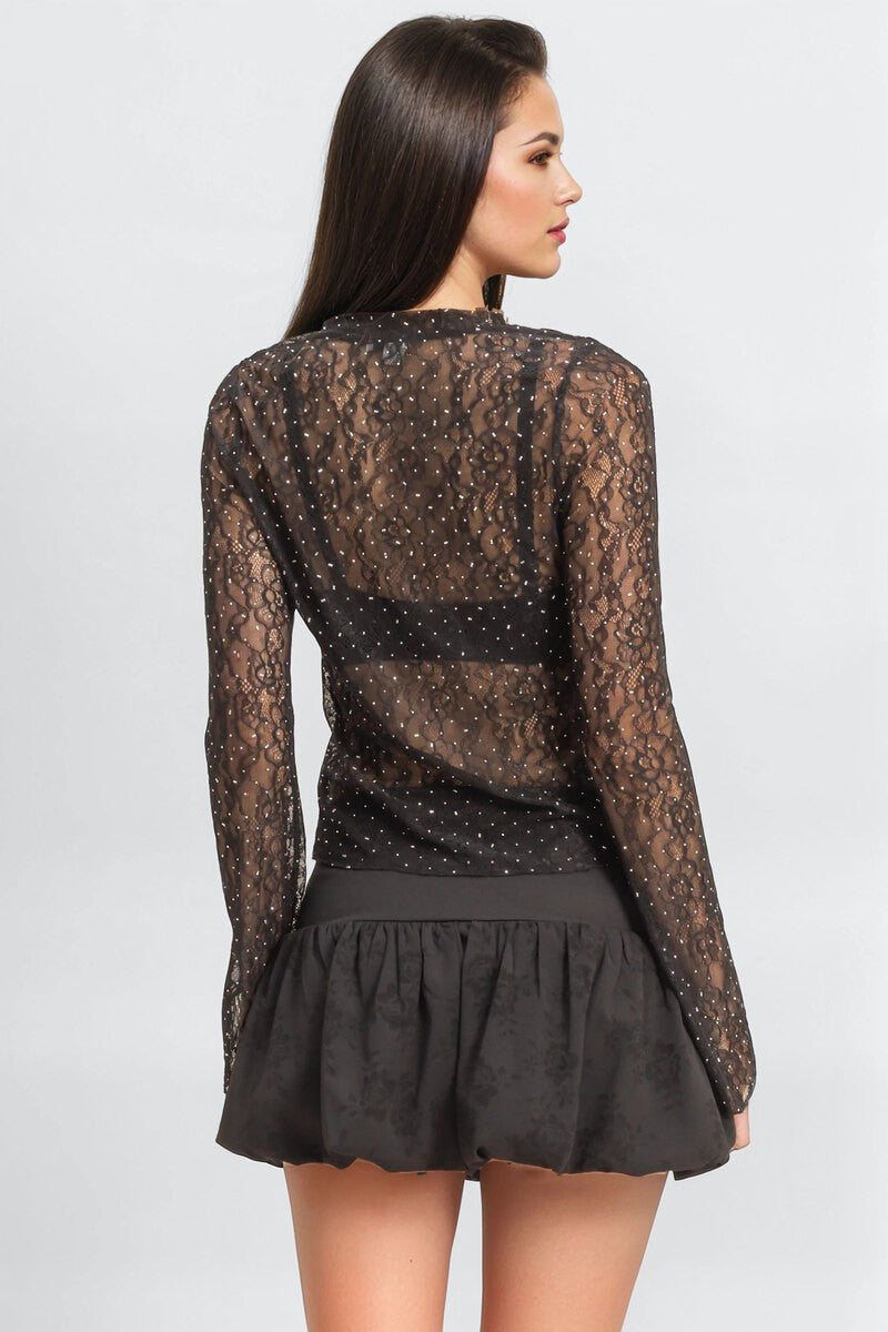  Forever 21 Studded Sheer Lace Long-Sleeve Top - black - Bonton