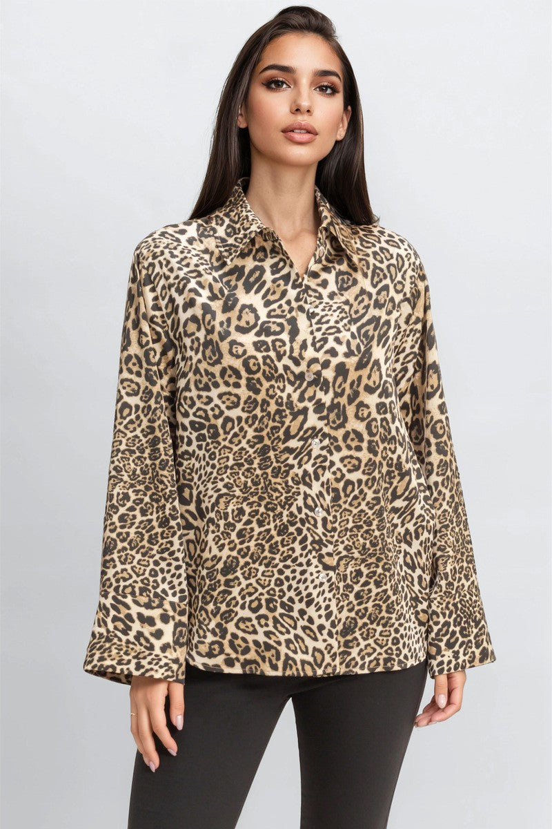  Forever 21 Satin Leopard Print Shirt - brown multi - Bonton