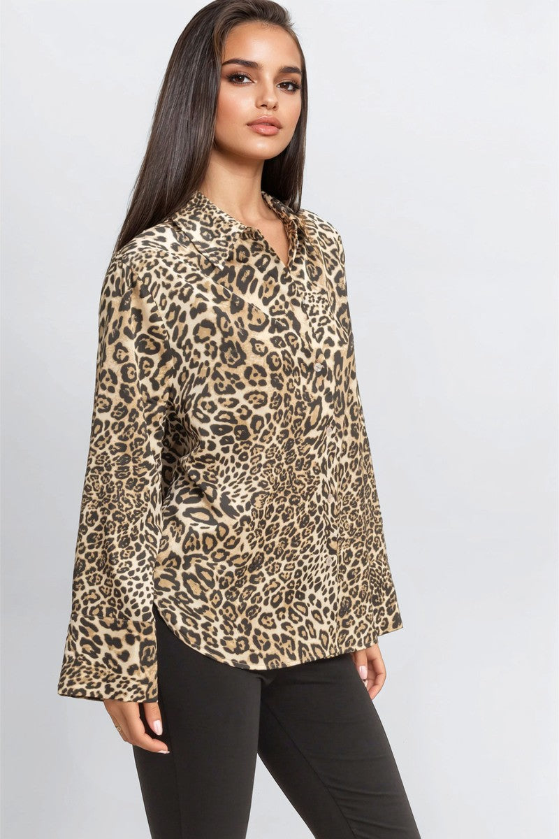  Forever 21 Satin Leopard Print Shirt - brown multi - Bonton