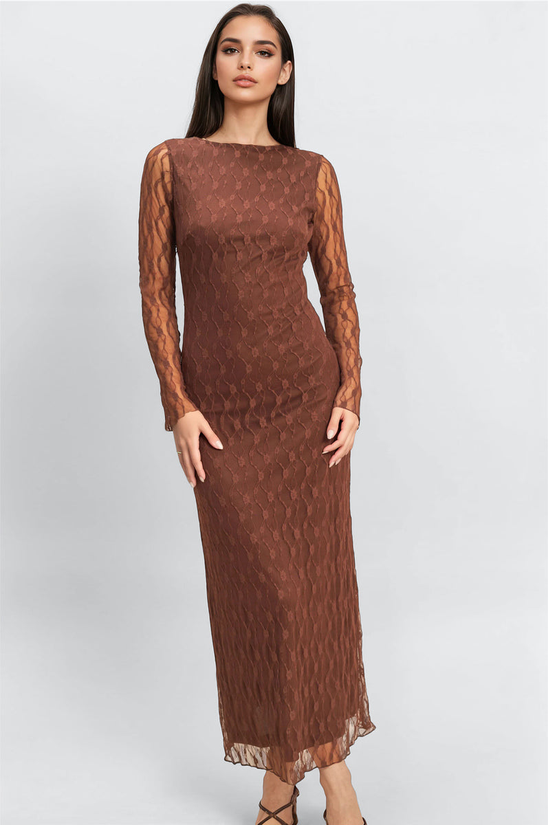  Forever 21 Semi-Sheer Lace Bodycon Maxi Dress - chestnut - Bonton