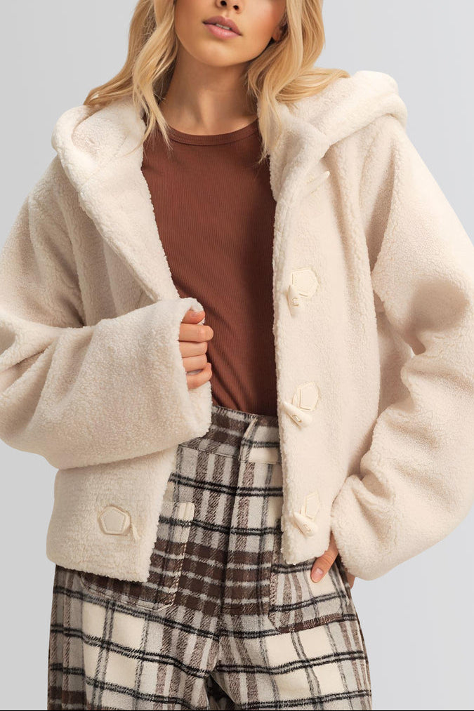  Forever 21 Hooded Sherpa Toggle Jacket - cream - Bonton