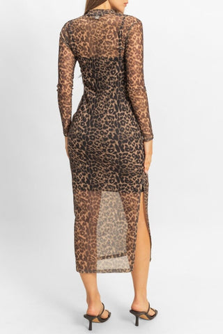 Mesh Leopard Print Midi Dress