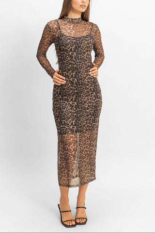 Mesh Leopard Print Midi Dress