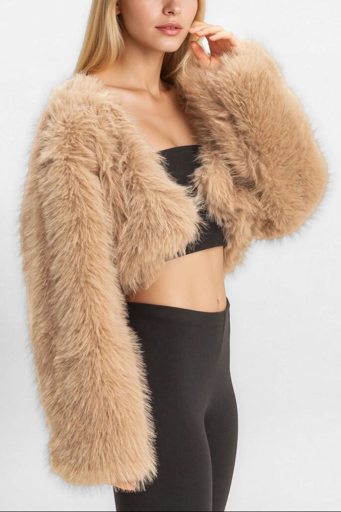  Forever 21 Faux Fur Cropped Jacket - taupe - Bonton